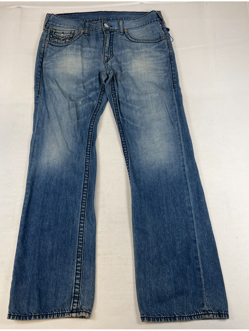 True Religion Straight Jeans Size 36x32 Medium Wash Black Stitch Flap Pocket USA